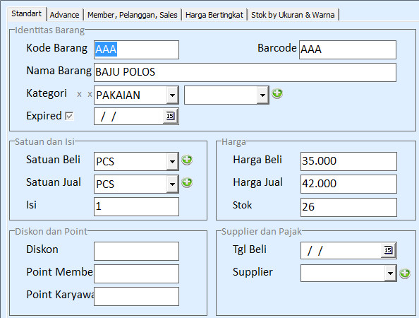 Penjualan Barang Dengan Pilihan Ukuran Dan Warna